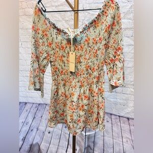Anthropologie Pleione Off The Shoulder Blouse Floral Smocked